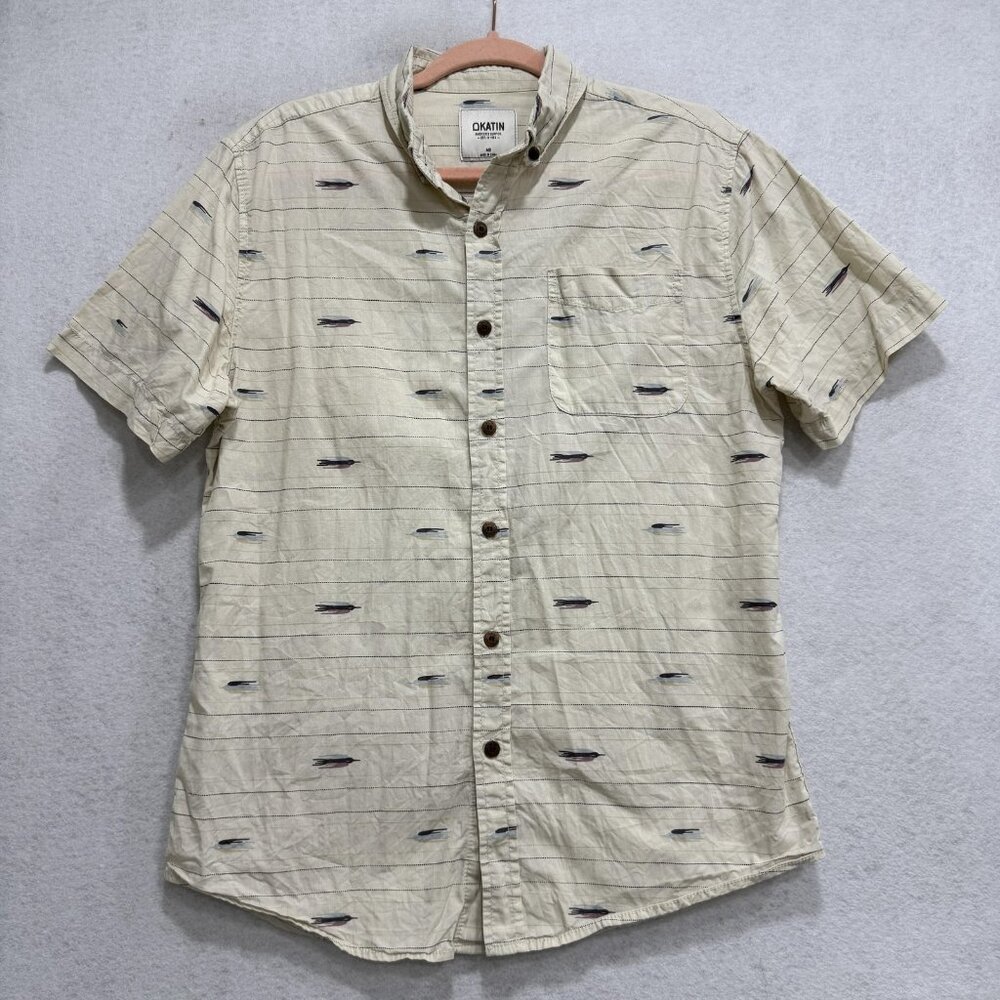 Katin Shirt Mens Medium Beige Stripe Print Short Sleeve Button Front Surf Cotton